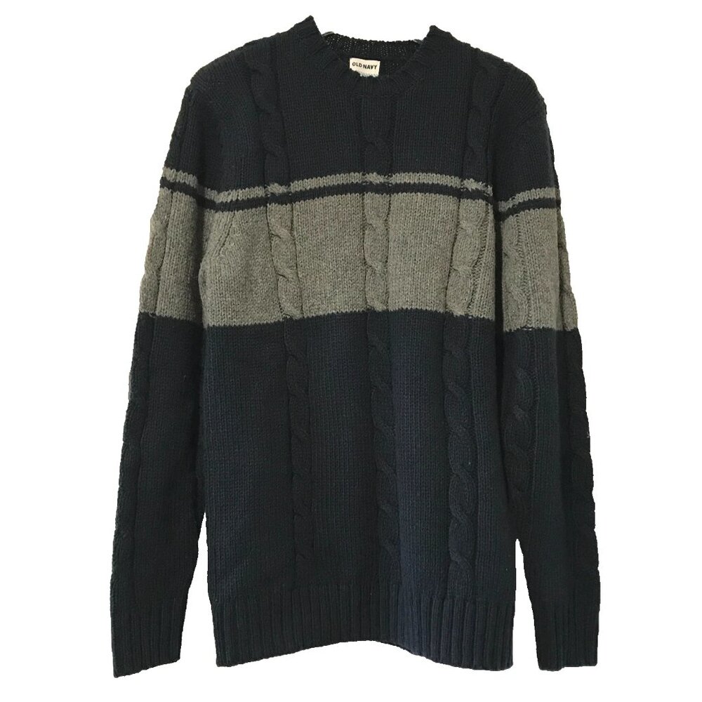 Old Navy Vintage Cable Knit Sweater Colorblock Navy Gray Wool Blend Men's Large